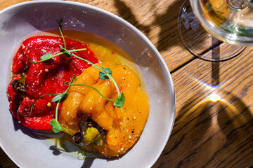 Pickled peppers with pea sprouts