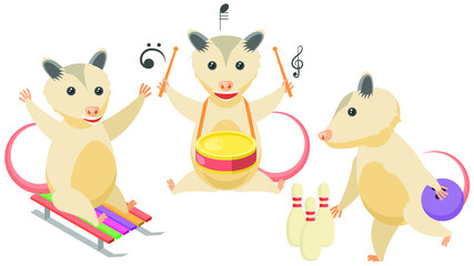 Set Abstract Collection Flat Cartoon Different Animal Opossum Play Drum, Bowling, Sledding Vector Design Style Elements Fauna Wildlife