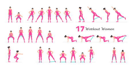 Women workout set. Women Fitness Aerobic and Exercises. Women doing fitness and yoga exercises. Flat style