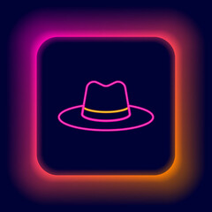 Glowing neon line Man hat with ribbon icon isolated on black background. Colorful outline concept. Vector