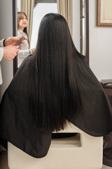 Fototapeta premium Beauty girl with long straight brunette hair having treatment in beauty salon