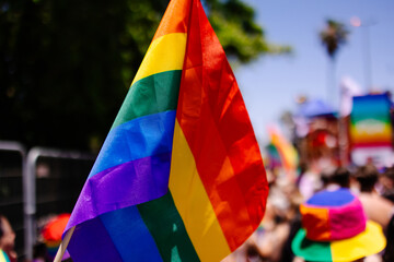 Pride month gay parade in tel aviv. atmosphere, vibe, mood, holiday Tolerance to homosexuality love liberalism. Freedom and equality. lifestyle reportage. lgbtq+. Rainbow  six colors Flag equal rights