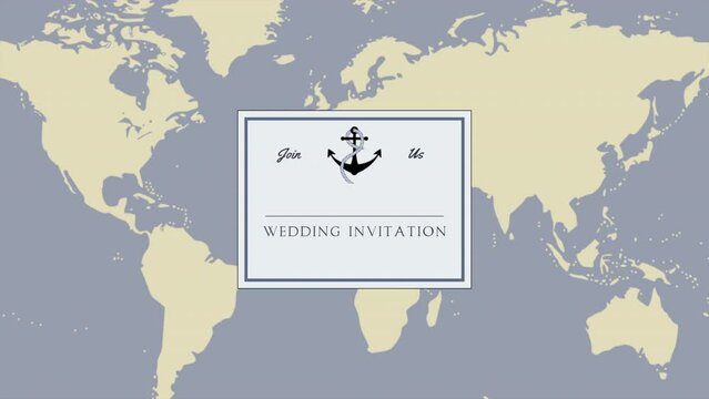 Wedding Invitation with sea anchor and world map, motion holidays, romantic and wedding style background