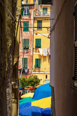 Fototapeta na wymiar Narrow Alley (Caruggio or Carruggio) and multicolored houses in Vernazza, Tourist resort in Cinque Terre National park, UNESCO world heritage site. Liguria, La Spezia province, Italy, Europe. 