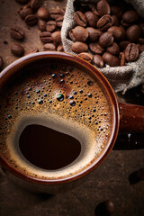 Composition of freshly brewed cup of coffee and roasted coffee beans in bag on brown background