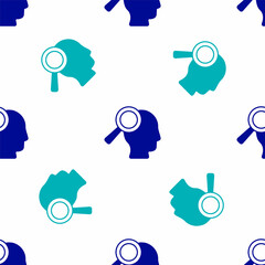 Blue Magnifying glass for search job icon isolated seamless pattern on white background. Recruitment or selection concept. Search for employees and job. Vector