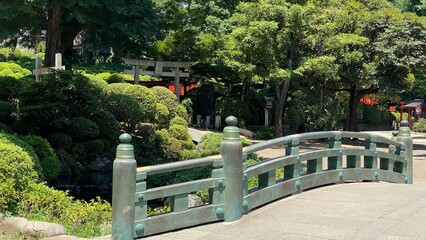 Traditional bridge with “Giboshi” handrail at Japanese honorable shrine, “Nezu”, year 2022 June 28th