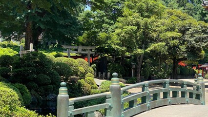 Traditional bridge with “Giboshi” handrail at Japanese honorable shrine, “Nezu”, year 2022 June 28th