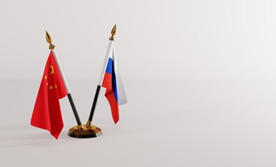 Flag of China and Russia. Concept of diplomatic relations, talks between heads of states. Concept of peace talks and diplomatic relations. 3D render, 3D illustration.
