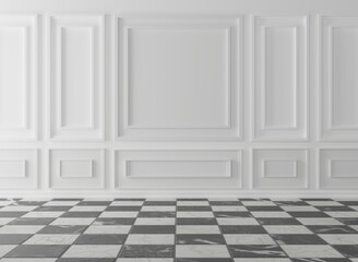 Classic wall, empty interior with wall panels and a marble, reflective floor. Modern minimalist interior with panels on the wall. 3D render, 3D illustration.