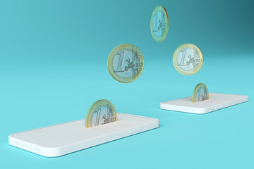 Money passing from one phone to another. Concept of mobile payment, cashless payment. Paying by phone. 3d render, 3d illustration.
