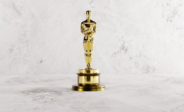 Katowice, March 8, 2022, Poland. Oscar statuette. Oscars Gala, Best Actor, Movie in the World. Golden Oscar. 3D render, 3D illustration.