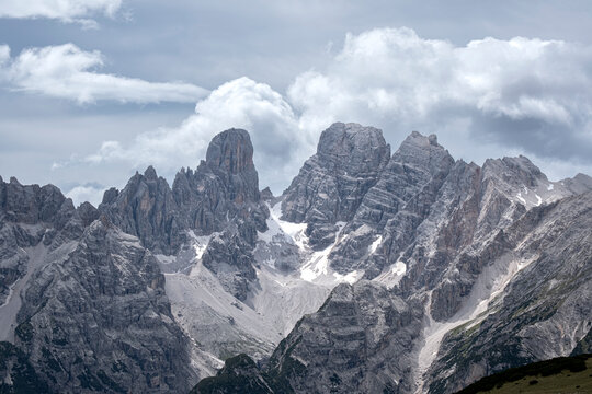Cristallo mountain with a little snow and a sky with some clouds, Dolomites, Veneto, Italy