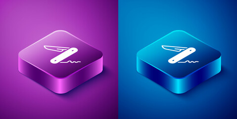 Isometric Swiss army knife icon isolated on blue and purple background. Multi-tool, multipurpose penknife. Multifunctional tool. Square button. Vector