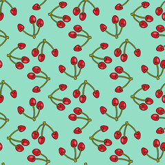 Seamless pattern with beautiful cherry on light green background. Vector image.