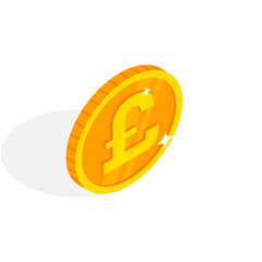 Isometric gold coin icon with pound sign. Vector 3d pound sterling cash, currency of United Kingdom, Game coin, English banking money symbol for web, apps. British pound currency exchange icon