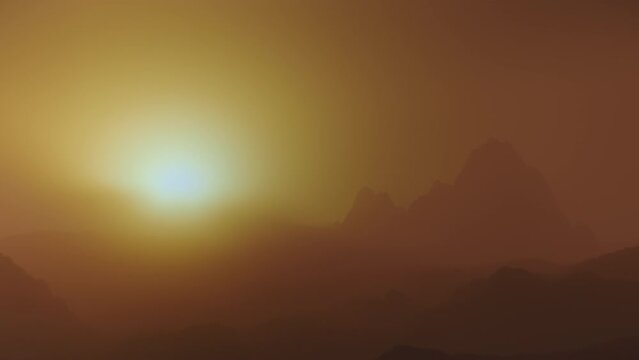 Alien desert planet landscape, fog or sandstorm. Yellow sunset.
