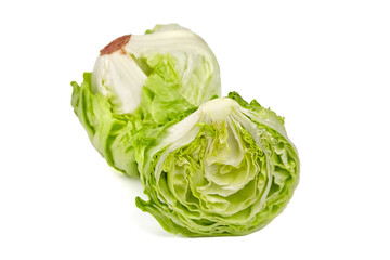 Iceberg lettuce head and half, fresh leafy green vegetable isolated on white