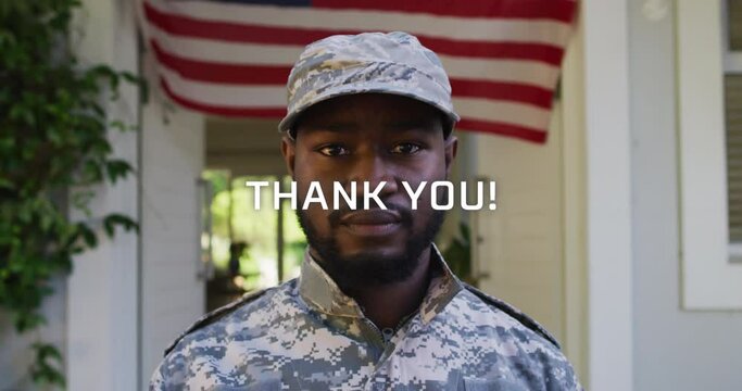 Animation of thank you over african american soldier looking at camera over flag of usa