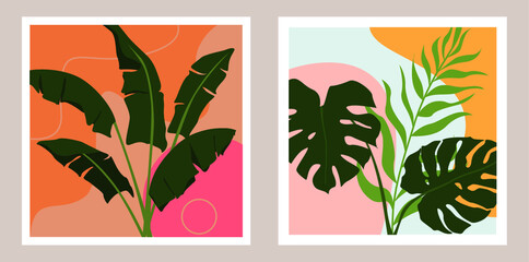 Fototapeta na wymiar Pintura digital de plantas vectoriales, monstera y palmera de interior print de cuadro decorativo