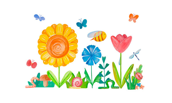Watercolor linear illustration with sunflower, tulip, bee, butterfly and grass. Summer colorful cartoon art with cute characters.