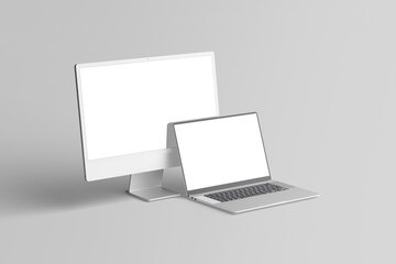 monitor and laptop blank mockup grey background