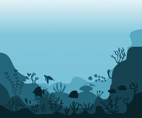 silhouette of coral reef with fish and divers on blue sea background underwater vector illustration