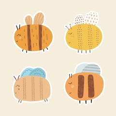 cartoon set of cute kawaii bee stickers hand drawn vector illustration