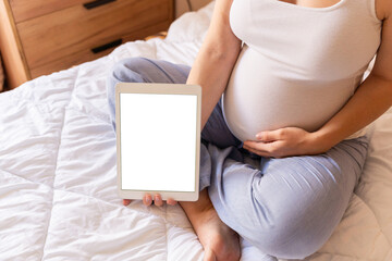 Pregnancy screen mockup. Mobile pregnancy online maternity application mock up. Pregnant mother using phone. Concept of pregnancy, maternity, expectation for baby birth.