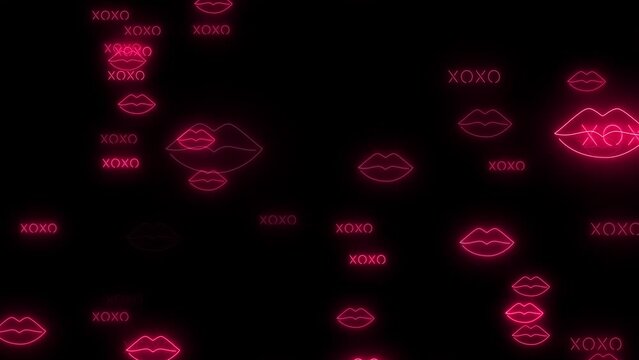 neon lights lip and hugs and kisses, flying lips and xoxo on dark background loop 4k video, love and valentines day animation