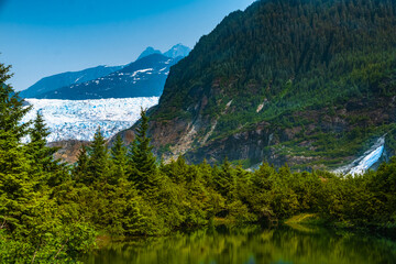 Fototapeta na wymiar Goose Lake, Nugget Falls & Glacier at Mendenhall Glacier NP, Juneau AK