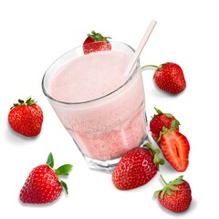 Glass of fresh strawberry milkshake or smoothie on white