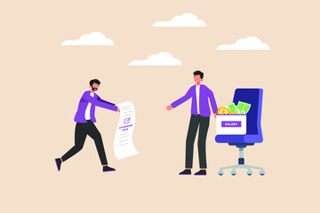 Employee man got their work completed and receive salary from his boss. Human resources concept. Colored flat graphic vector illustration isolated.