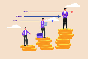 Businessman standing on pile of coins their wealth based on length of work in office. Human resources concept. Colored flat graphic vector illustration isolated.