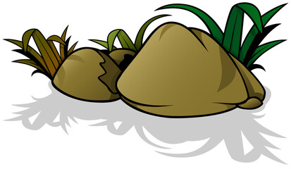 A Group of Stones with a Tuft of Grass - Colored Cartoon Illustration Isolated on White Background, Vector