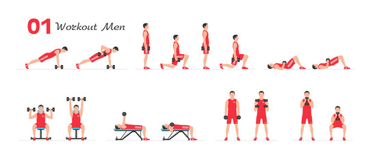 Men workout set. Men Fitness Aerobic and Exercises. Men doing fitness and yoga exercises. Flat style
