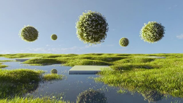 Green flooded meadow with flying spherical daisy flowerbeds. Surreal fantasy garden animation. Loop.
