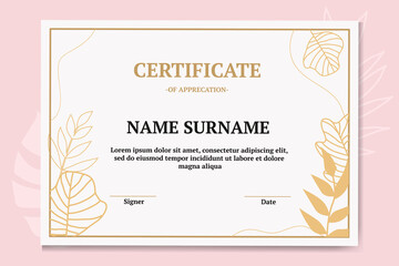 Modern and luxury certificate template with white and gold color. with leaf monstera and leaf palm.