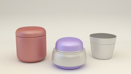 Jars for cosmetics for product presentation. A jar of gray glass with a blue lid, a gray and pink jar without logos and inscriptions on a gray background. 3D render.