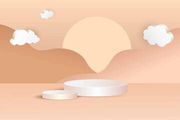 3D Podium. White pedestal in beige scene, showcase for products presentation and advertising. Empty round platform on pastel background with clouds and sun, minimal modern design. Vector backdrop