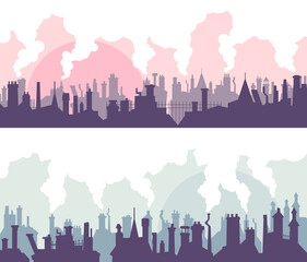 Set of vector horizontal abstract banners of old historic part of city roofs with chimney flues and smoke. - 513773747