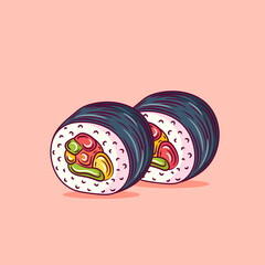 Tekka maki sushi roll. Japanese traditional food icon with tuna fish fillets. Isolated  illustration.