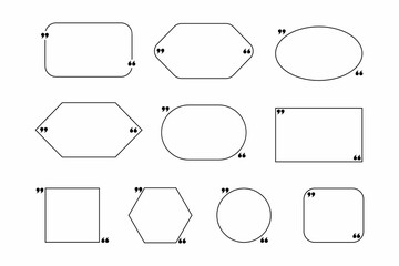 Quote frame set. Geometric black geometric box collection with double comma sign, bubble speech and quotation place. Blank template for comment or message, creative banner vector isolated set