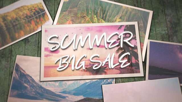 Summer Big Sale with collage photos with summer landscape in different country and time, motion promotion, summer and travel style background