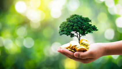 Hand hold the tree planted grows on the pile,Saving money for the future,Investment Ideas and...