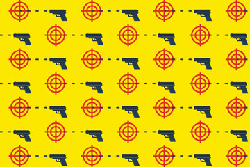 Gun targets and guns. Pattern on yellow