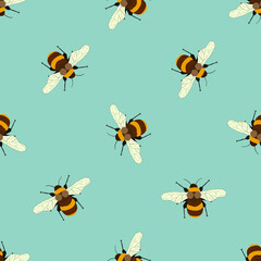 Seamless pattern with bees on color background. Small wasp. Vector illustration. Adorable cartoon character. Design for invitation, cards, textile, fabric. Doodle style