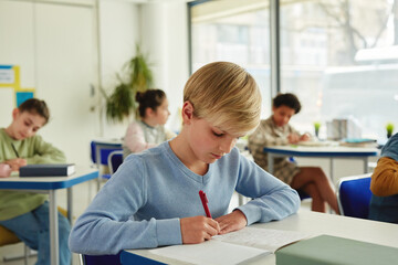 Portrait of blonde schoolboy writing in notebook during school class with children in background