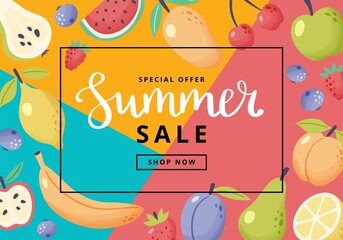 Summer sale banner with fruits. Hand drawn cute fruits and lettering. Vector illustration colorful template in flat cartoon style