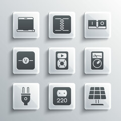 Set Electrical outlet, Solar energy panel, Ampere meter, multimeter, Music player, plug, Voltmeter, Laptop and light switch icon. Vector